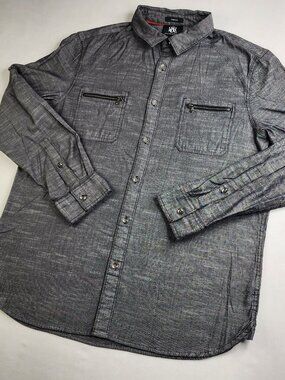Rock & Republic Men's XL Gray Zip Pocket Stretch Button Up Long Roll Sleeve